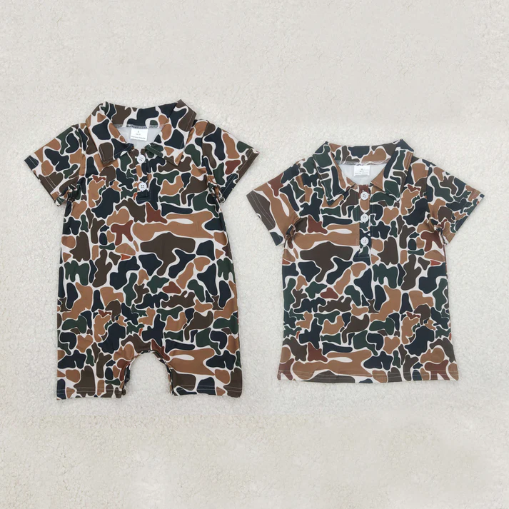 RTS NO MOQ Summer Sibling Baby Boys Short Sleeves Camouflage Polo Shirt Button Rompers