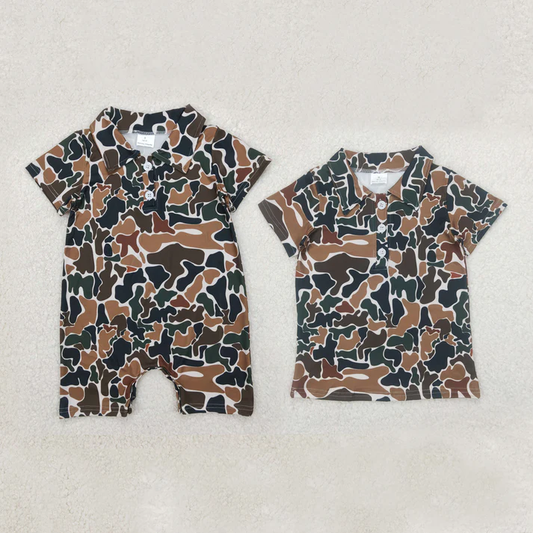 RTS NO MOQ Summer Sibling Baby Boys Short Sleeves Camouflage Polo Shirt Button Rompers