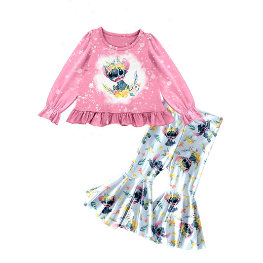 MOQ:5  Pink Cartoon Cute Children Long Sleeve Wholesale Boutique Kid Clothes Sets