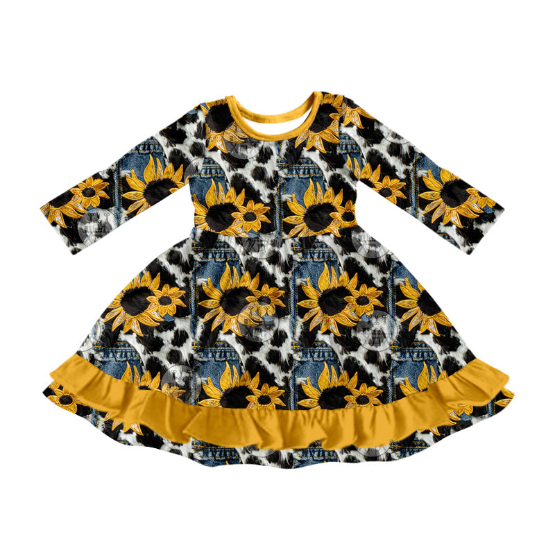 MOQ:5 Sunflower Girls Long Sleeve Wholesale Boutique Kid Clothing Kid Dresses