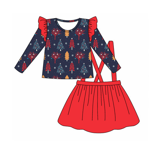 MOQ:5 Red Christmas Tree Girl Long Sleeve Wholesale Boutique Kid Clothing Kid Dresses