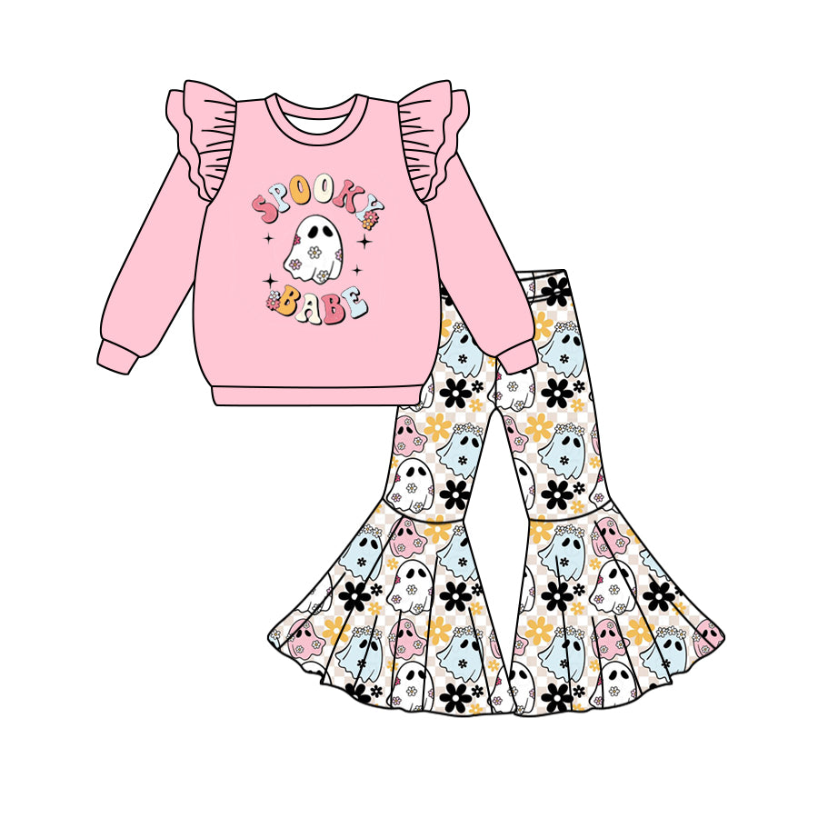 MOQ:5 Pink Ghost Girls long Sleeve Wholesale Boutique Kid Clothing Set