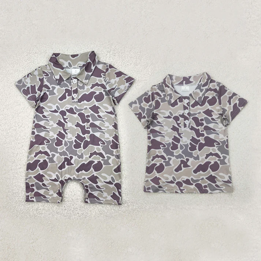 RTS NO MOQ Summer Sibling Baby Boys Short Sleeves Camouflage Polo Shirt Button Rompers