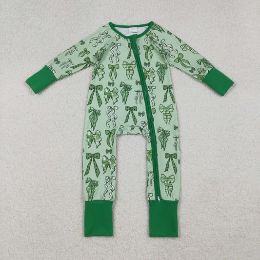 RTS Girls Infant Long Sleeves Green Clovers Bows Zipper St Patrick Footie Sleeper Romper