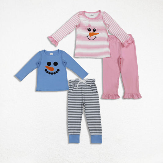 RTS Sibling Boys Girls Long Sleeves Embroidery Christmas Snowman Shirt Stripes Pants Outfit