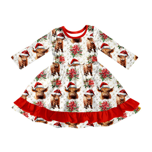 MOQ:5 Red Cow Girls Long Sleeve Wholesale Boutique Kid Clothing Kid Dresses