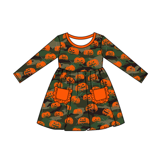 MOQ:5  Cute Pumpkin Girl Long Sleeve Wholesale Boutique Kid Clothing Kid Dresses