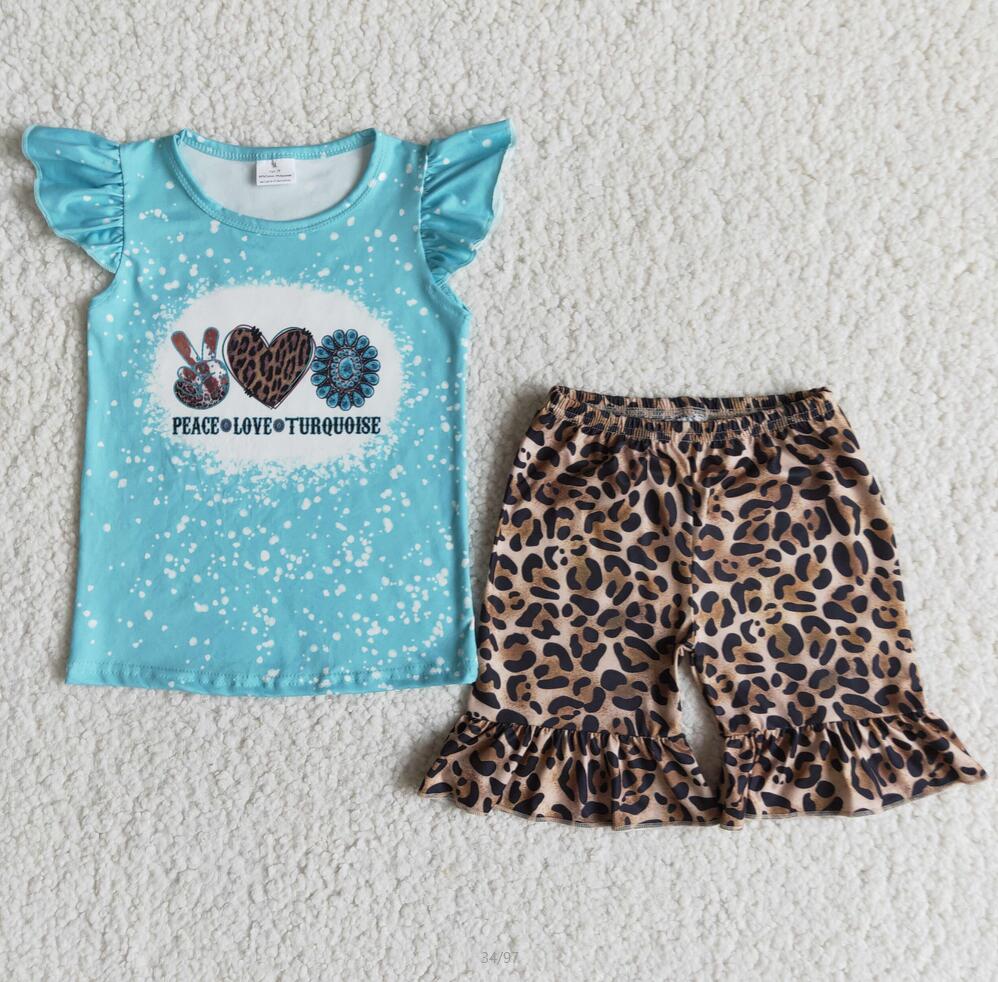 A15-2 Cute Girls Peave Love Turquoise Summer Shorts Outfit