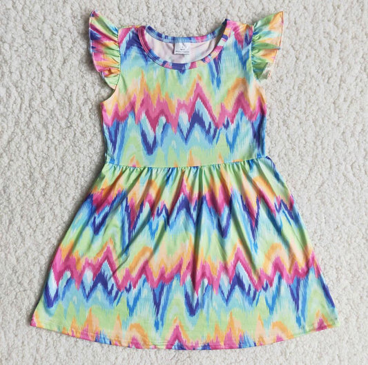 C6-2-1 Baby Girls Tie Dye Chevron Flutter Sleeve Dress Summer Clothing