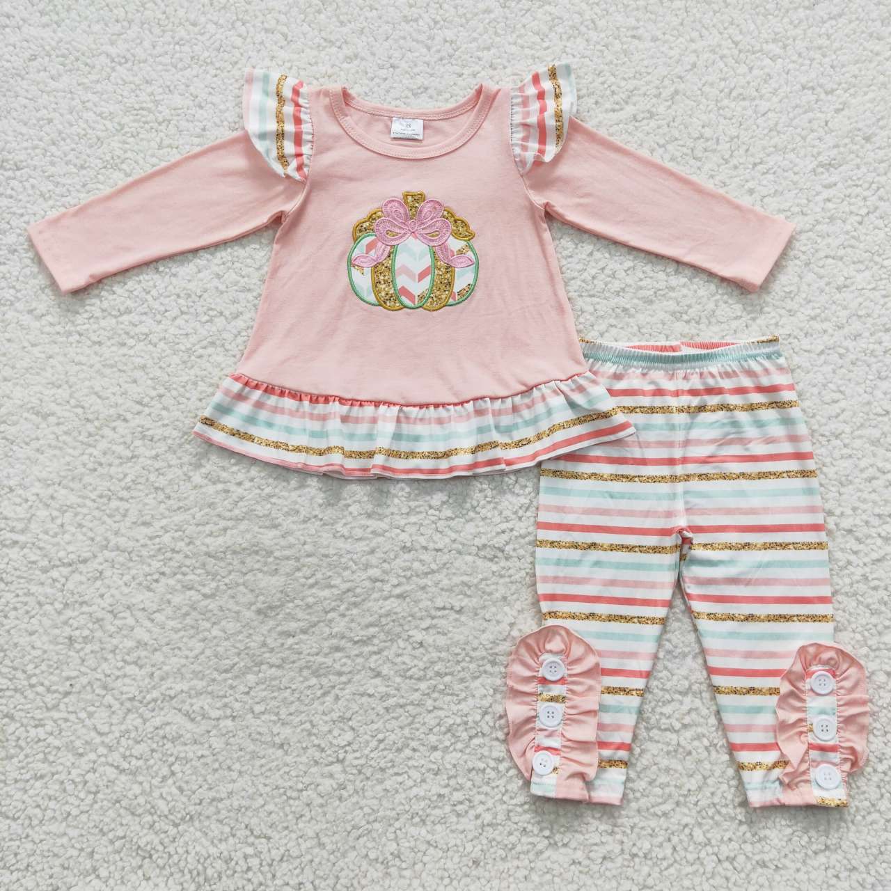 GLP0513 Embroidered bow Gold pumpkin striped lace pink long sleeve pantsuit