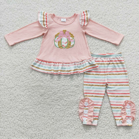 GLP0513 Embroidered bow Gold pumpkin striped lace pink long sleeve pantsuit