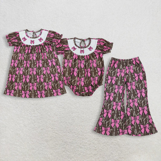 RTS Sibling Sibling Baby Girls Kids Embroidery Bows Southern Camo Smocked Dress Romper Pants