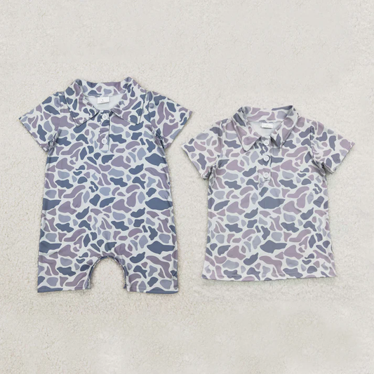 RTS NO MOQ Summer Sibling Baby Boys Grey Short Sleeves Camouflage Polo Shirt Button Rompers