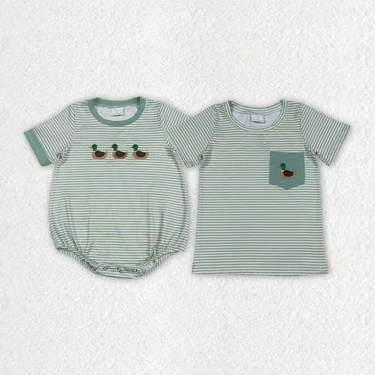 RTS Sibling Baby Boys Kids Short Sleeves Embroidery Duck Pocket Green Stripes Romper Shirt