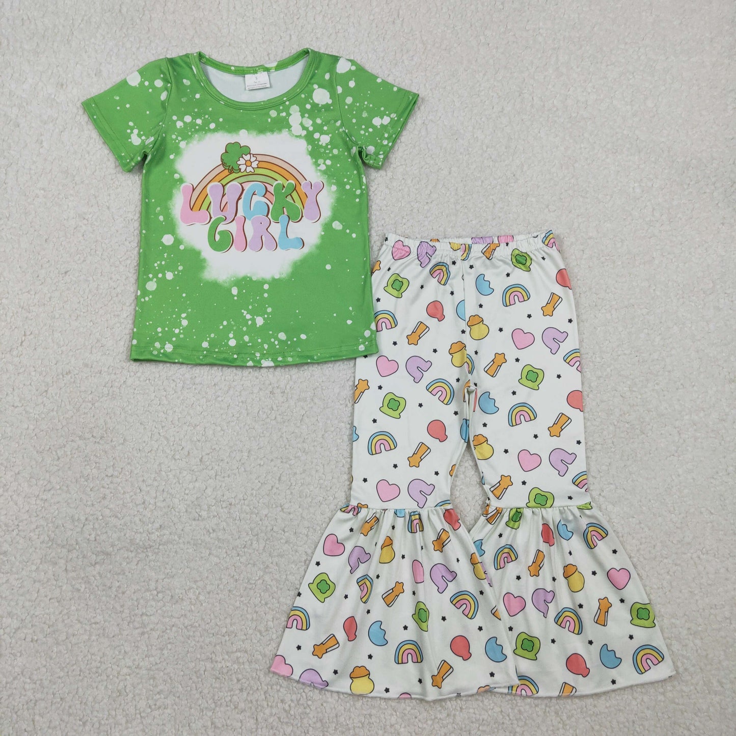 Baby Girl Kids Green Short Sleeves Lucky Clovers Shirt Bell Pants St Patrick Set RTS