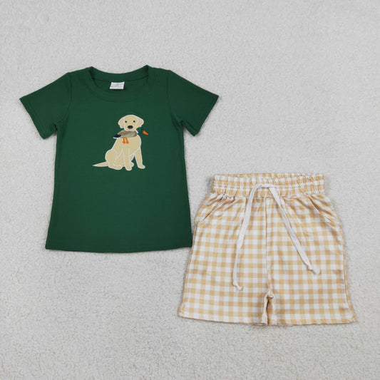RTS Baby Boys Short Sleeves Embroidery Dog Duck Shirt Plaid Pockets Shorts Hunting Set