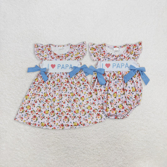 RTS NO MOQ Summer Sibling Baby Girls I Love Papa Floral Bows Rompers Dresses