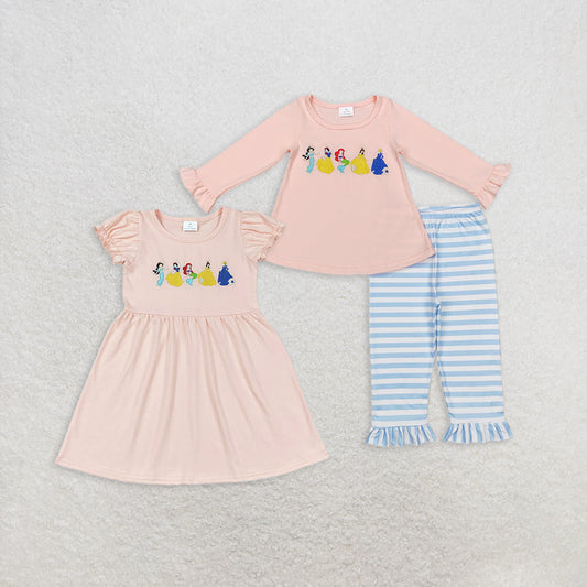 RTS NO MOQ Summer Sibling Baby Girls Pink Princess Tunic Pants Clothes Sets Knee Length Dresses