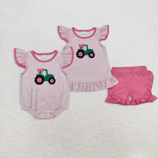 RTS NO MOQ Summer Sibling Baby Girls Pink Truck Bow Tunic Shorts Clothes Sets