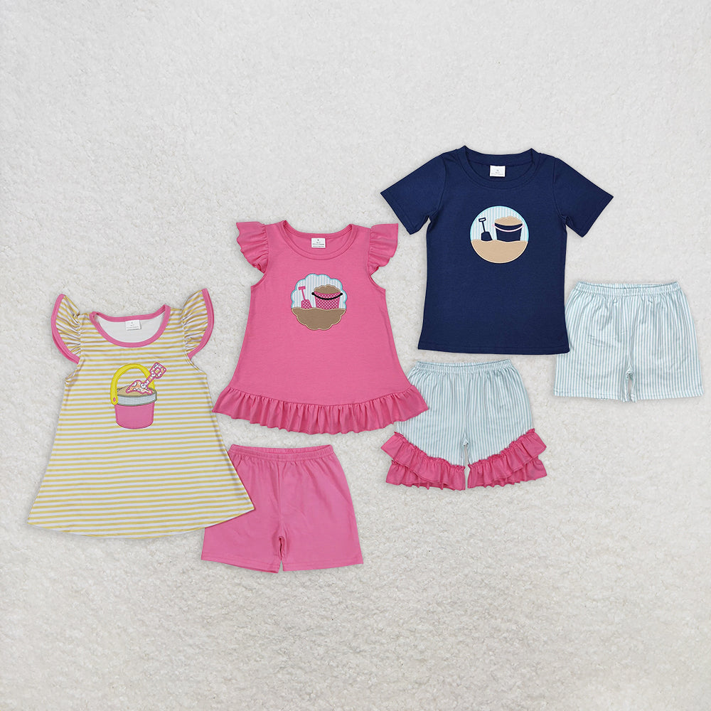 5.14 RTS NO MOQ Summer Sibling Baby Girls Sea Flutter Sleeve Top Shorts Clothes Sets