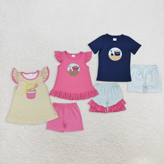 5.14 RTS NO MOQ Summer Sibling Baby Girls Sea Flutter Sleeve Top Shorts Clothes Sets