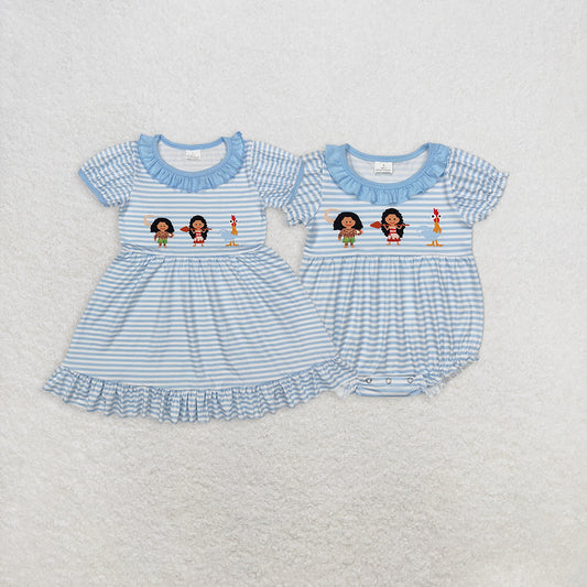 RTS NO MOQ Summer Sibling Baby Girls Blue Stripes Princess Rompers Dresses