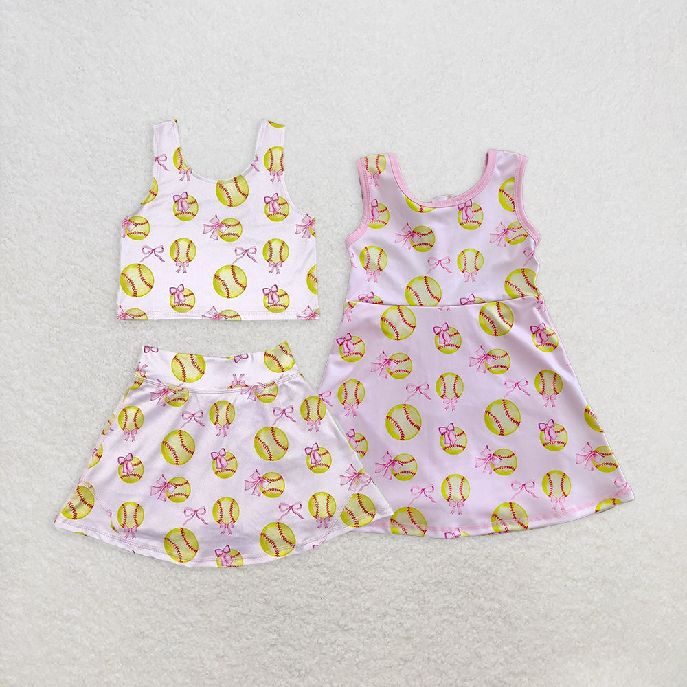 RTS NO MOQ Summer Sibling  Baby Girls Softball Bow Athletic Active Wear Top Shorts Skirts Dresses Sets
