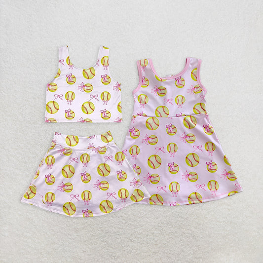 RTS NO MOQ Summer Sibling  Baby Girls Softball Bow Athletic Active Wear Top Shorts Skirts Dresses Sets
