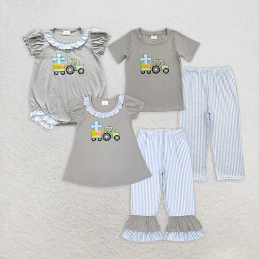 RTS NO MOQ Summer Sibling  Baby Boys Girls Easter Egges Tractor Short Sleeve Rompers Sets