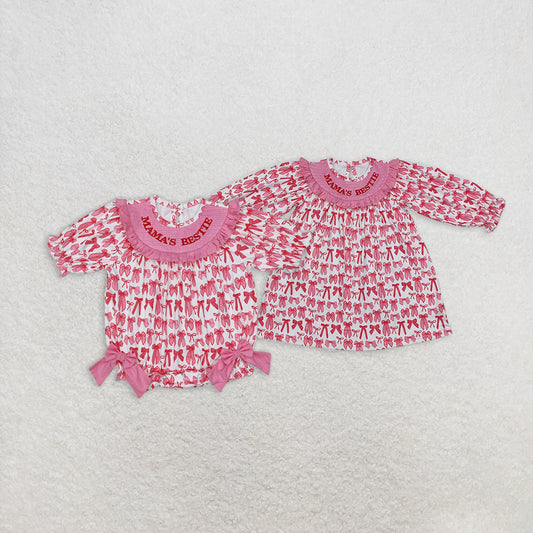 RTS NO MOQ Summer Sibling Baby Girls Pink Bow Mama's Bestie Smocked Rompers Dresses