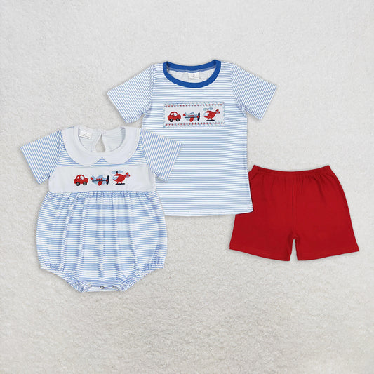 RTS NO MOQ Summer Sibling Baby Boys Blue Stripes Transpotation Sibling Brother Clothes Sets