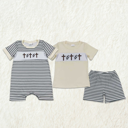 5.24 RTS NO MOQ Summer Sibling Baby Boys Easter Cross Rompers Clothes Sets