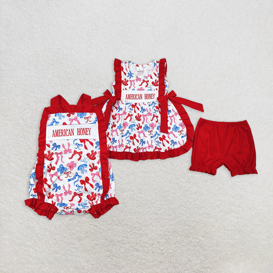 RTS NO MOQ Summer Sibling Baby Girls American Honey Bows 4th Of July Rompers Outfits