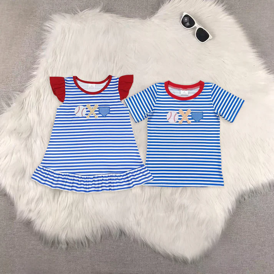 RTS NO MOQ Summer Sibling Boys Baby Girls Blue Stripes Embroidery Baseball Short Sleeves Tee Shirts Top