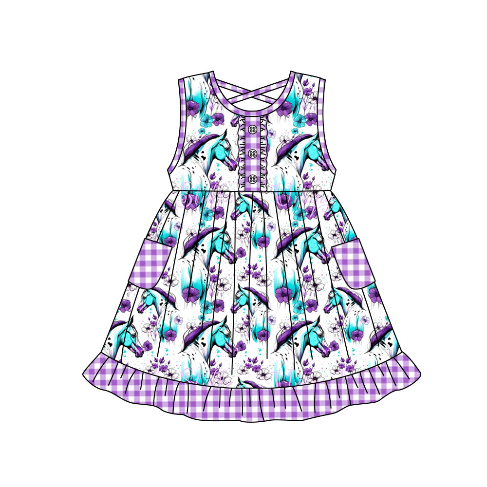 Girl Summer Purple horse Design Short Sleeve Children Dresses