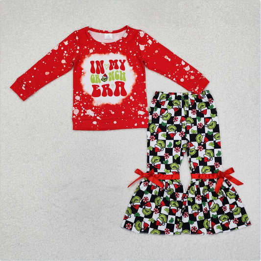 GLP1902 Baby Girls Christmas Green Face Red Top Bell Bottom Pants Outfit