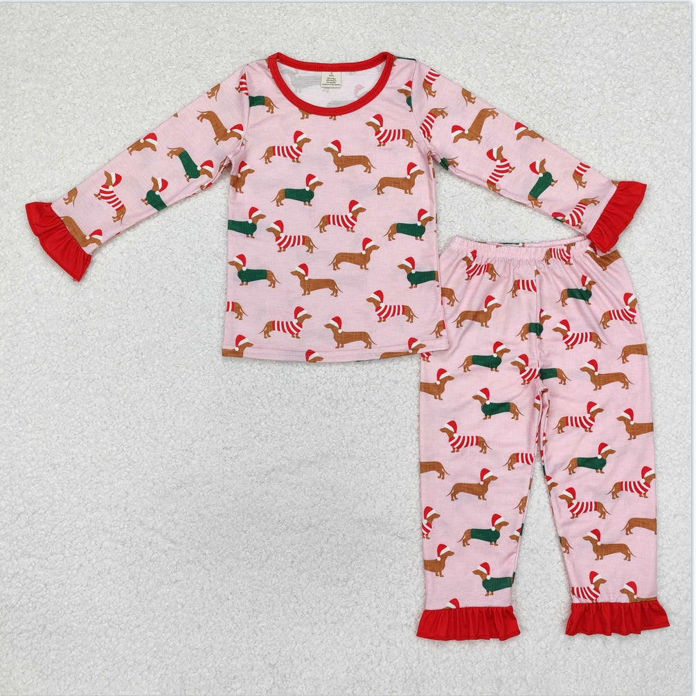 GLP1244 Baby Girls Christmas Dog Long Sleeve Ruffle Bamboo Pajama Set