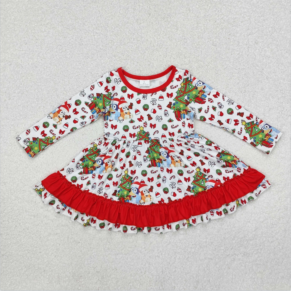 GLD0792 Baby Girls Christmas Cartoon Dog Long Sleeve Dress