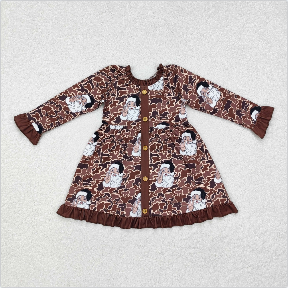 GLD0910 Baby Girls Camo Christmas Santa Buttons Knee Length Dresses