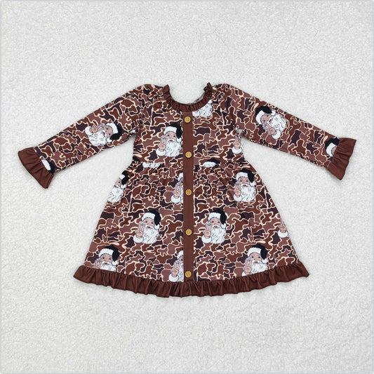 GLD0910 Baby Girls Camo Christmas Santa Buttons Knee Length Dresses