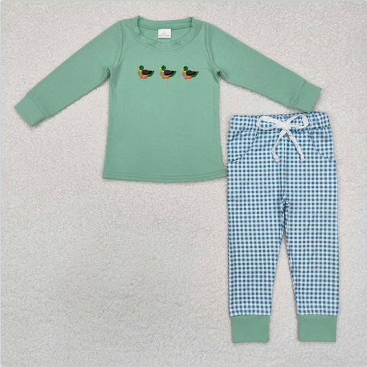 BLP1021 Baby Boys Mallard Duck Top Green Gingham Pants Set