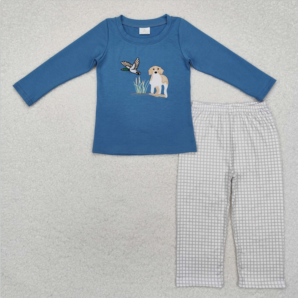 BLP0919 Baby Boys Hunting Dog Duck Blue Top Pants Outfit