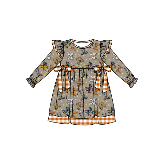 MOQ:5 Bow Girl Long Sleeve Wholesale Boutique Kid Clothing Kid Dresses