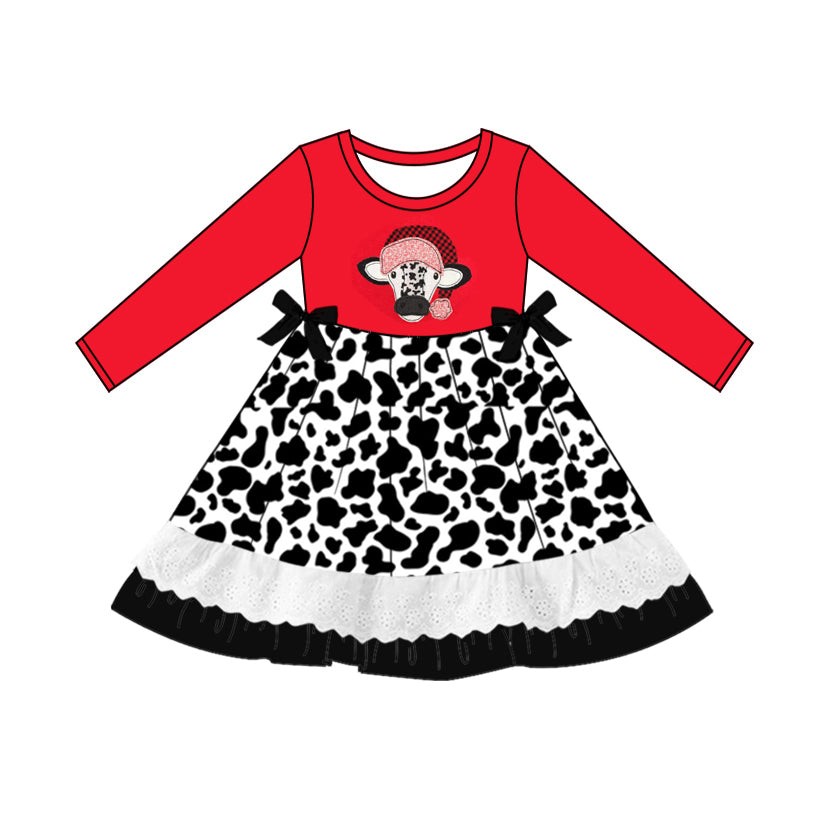 MOQ:5  Red Cow Cute Girls Long Sleeve Wholesale Boutique Kid Clothing Kid Dresses