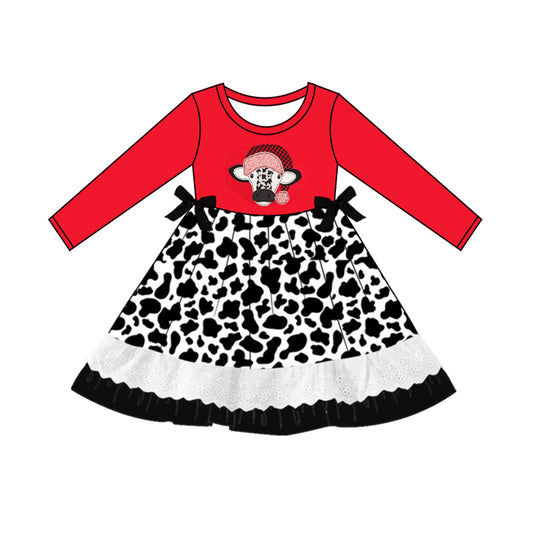 MOQ:5  Red Cow Cute Girls Long Sleeve Wholesale Boutique Kid Clothing Kid Dresses