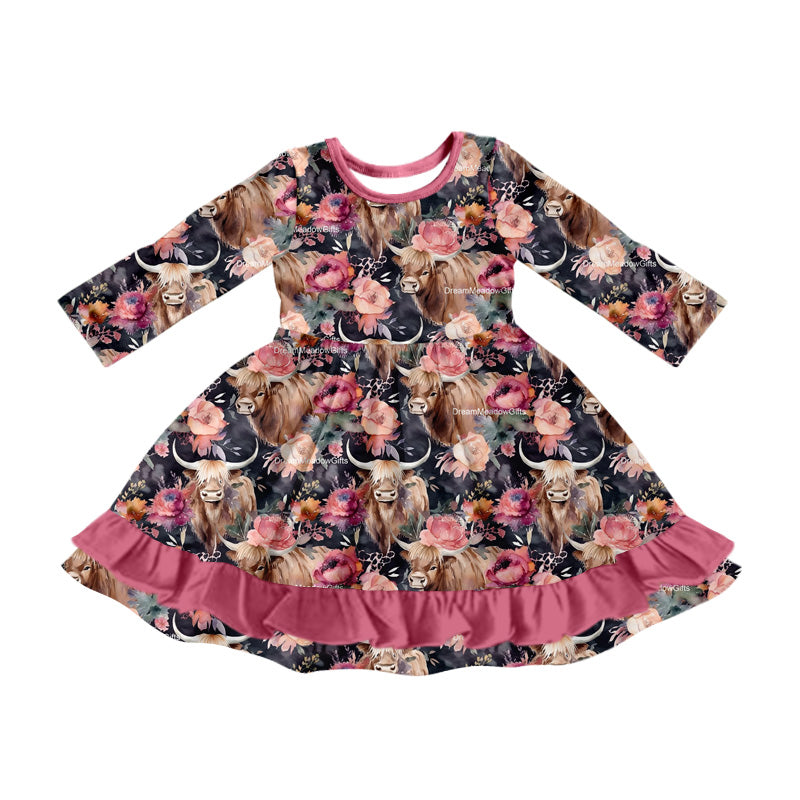 MOQ:5 Pink Cow Girls Long Sleeve Wholesale Boutique Kid Clothing Kid Dresses