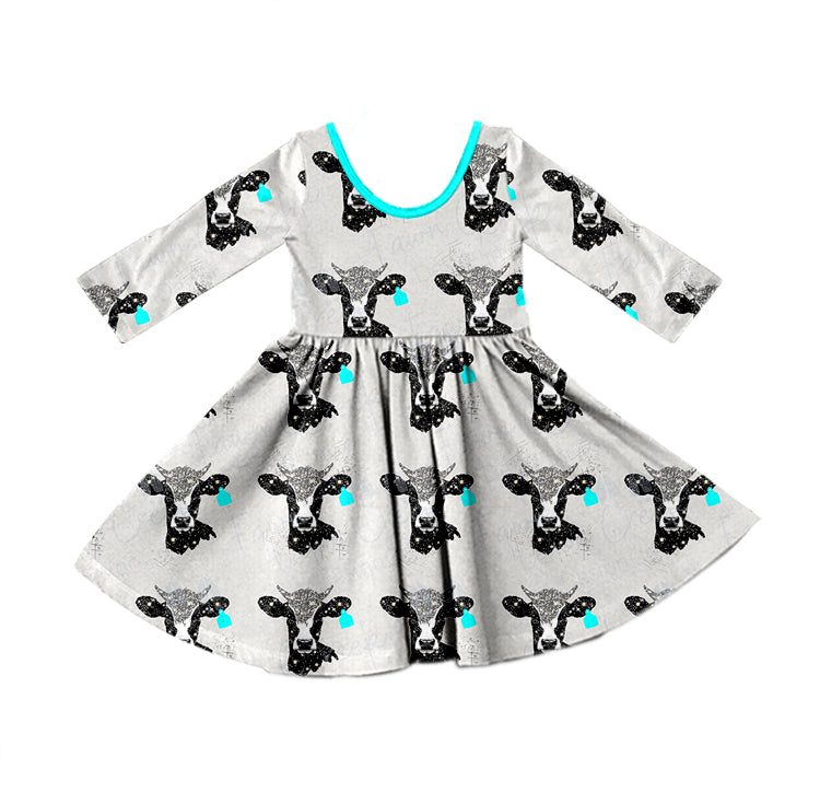 MOQ:5 Blue Cow Girls Long Sleeve Wholesale Boutique Kid Clothing Kid Dresses