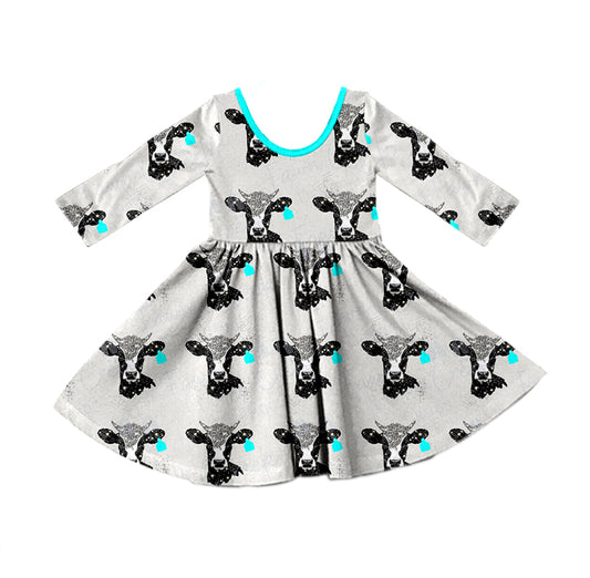 MOQ:5 Blue Cow Girls Long Sleeve Wholesale Boutique Kid Clothing Kid Dresses