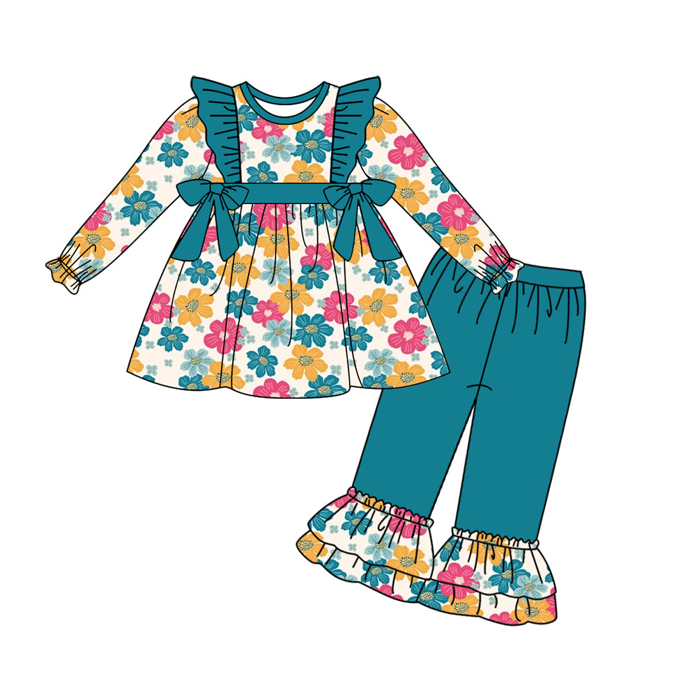 MOQ:5 Cute blue floral long Sleeve Wholesale Boutique Kid Clothing Set