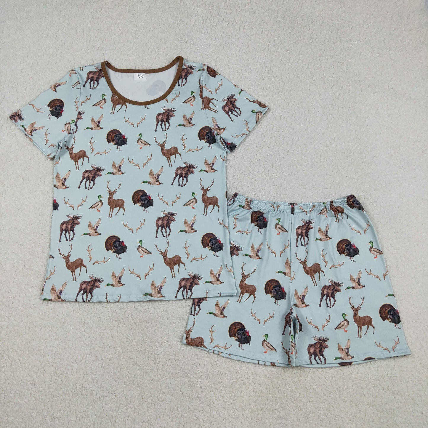 RTS Adult Man Short Sleeves Deer Ducks turkey Shirt Shorts Hunting Pajamas Set